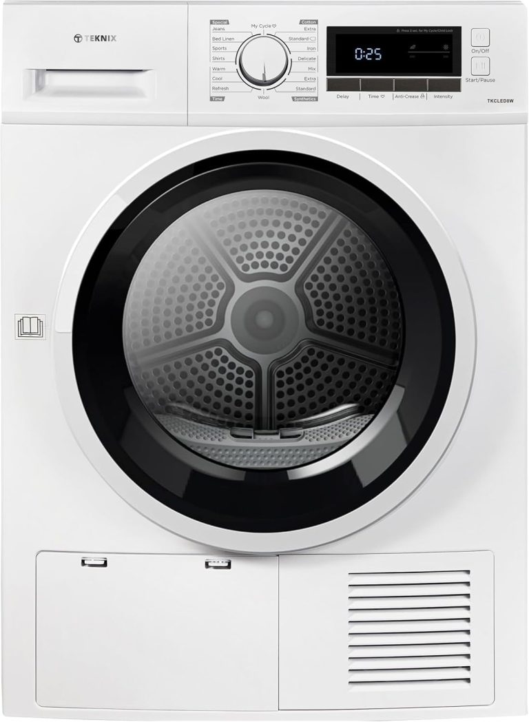 Teknix TK2CLED8W 8kg condenser tumble dryer in white, front view