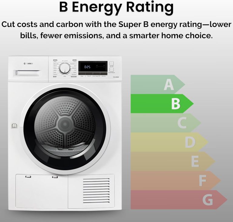Teknix TK2CLED8W tumble dryer energy label showing B energy rating